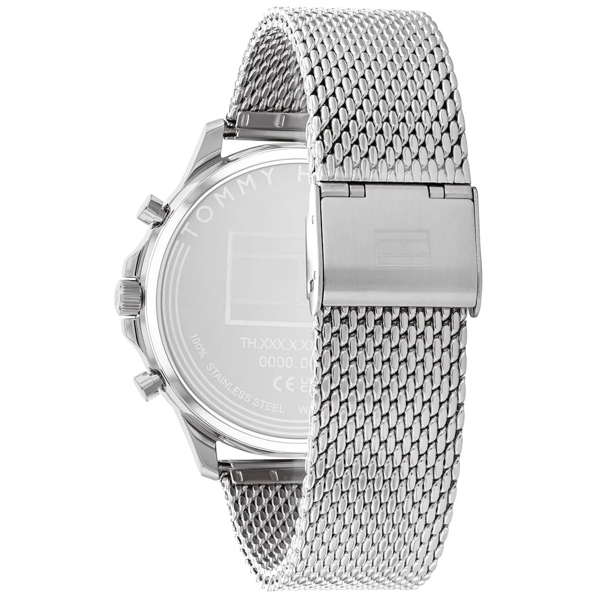 Rear view of the Tommy Hilfiger 1710499 highlighting the adjustable silver mesh sliding clasp and polished bracelet texture.