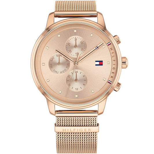 Front view of the Tommy Hilfiger 1781907 Blake women's watch featuring a rose gold mesh bracelet and a sunray rose gold multi-function dial.