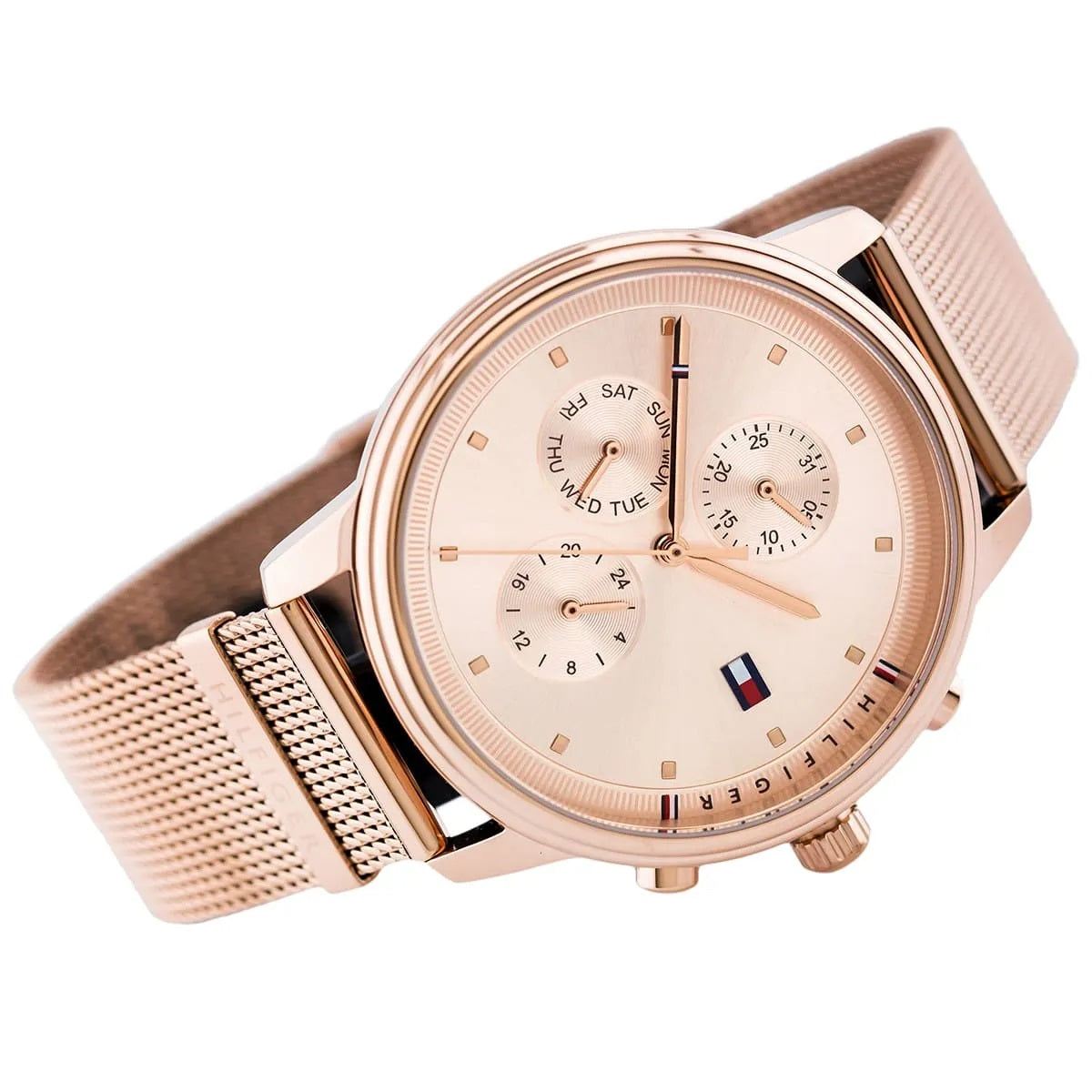 Angled view of the Tommy Hilfiger Blake watch showcasing the polished rose gold-tone case and intricate stainless steel mesh strap.