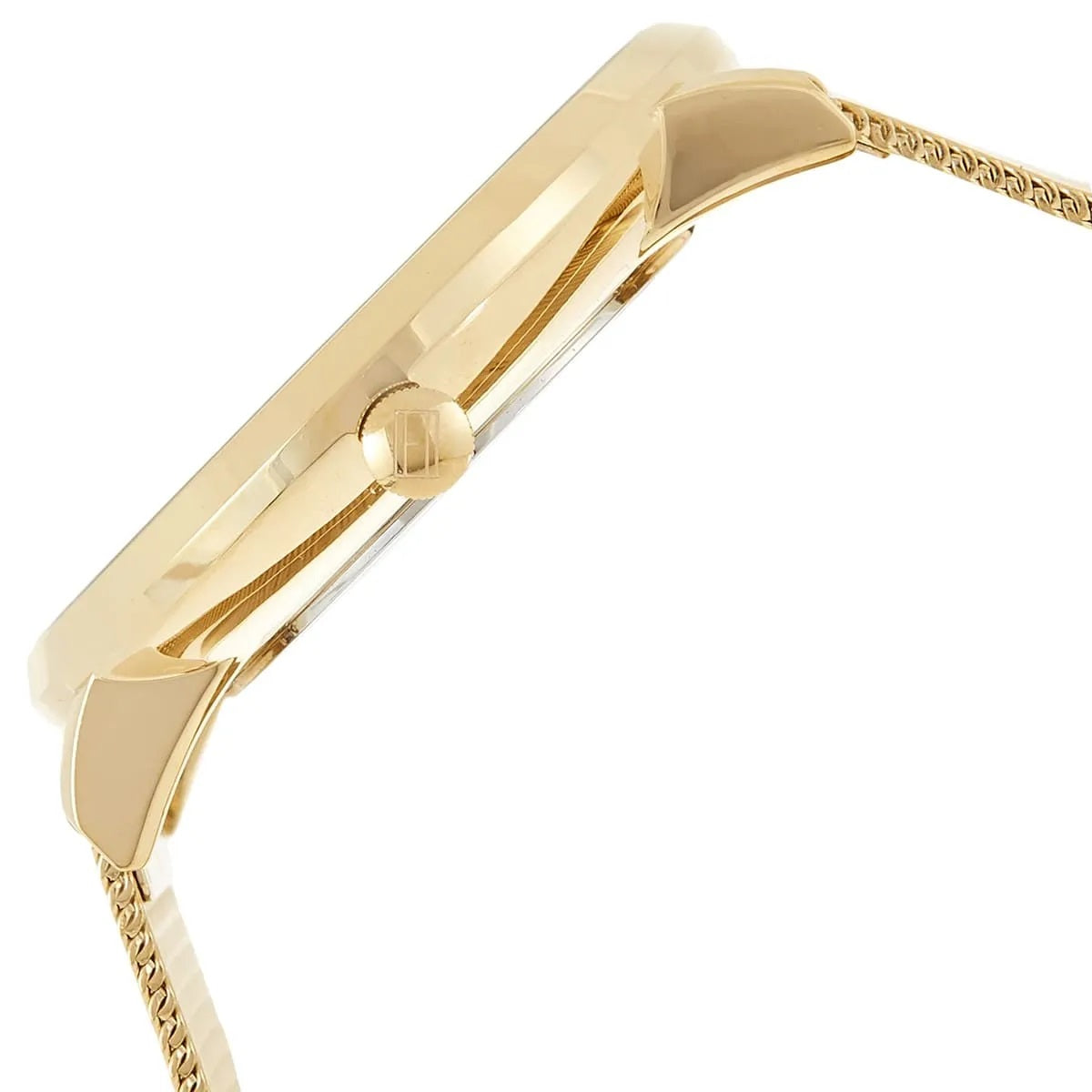 Side view of Tommy Hilfiger 1781943 women's watch featuring a gold mesh strap and gold dial
