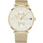 Front view of Tommy Hilfiger 1781943 women's watch with gold mesh strap and gold dial