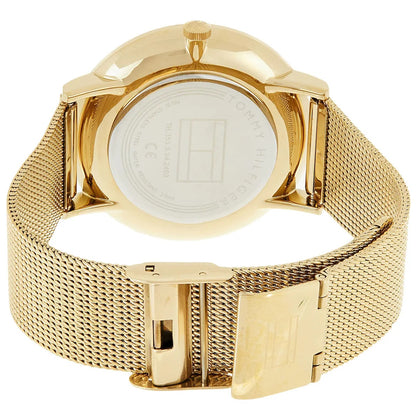 Back case view of Tommy Hilfiger 1781943 women's watch showing the polished gold finish
