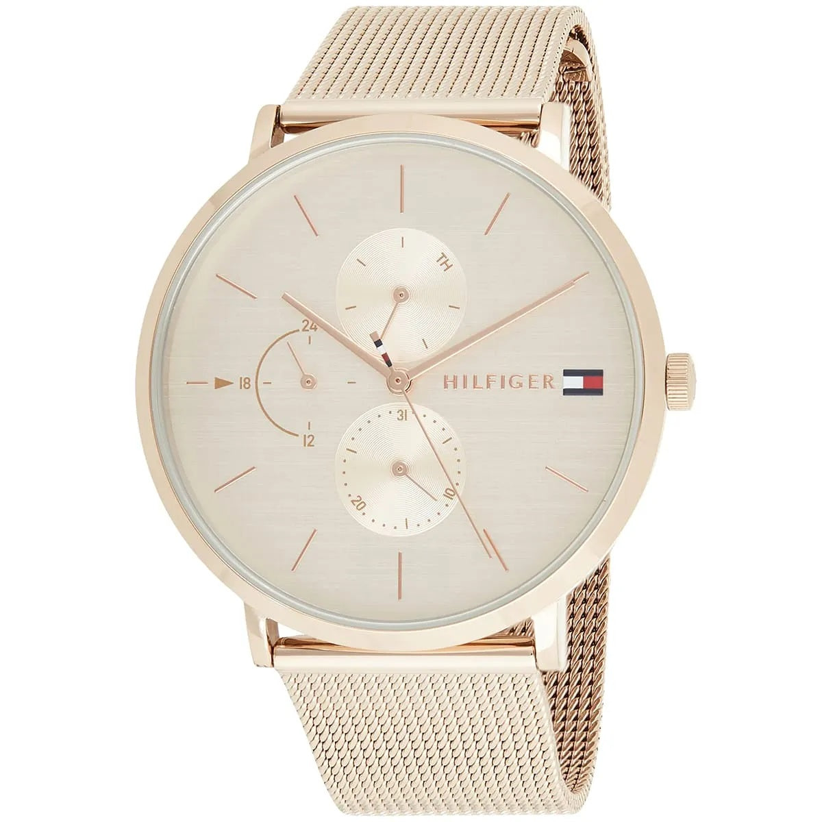 Close-up view of rose gold dial on Tommy Hilfiger 1781944 women’s watch with mesh strap