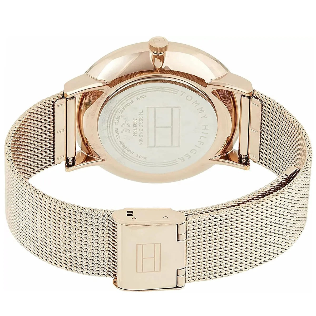 Back view of Tommy Hilfiger 1781944 women’s rose gold mesh strap watch, showing the stainless steel case