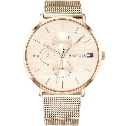 Front view of Tommy Hilfiger 1781944 women’s rose gold mesh strap watch with rose gold dial