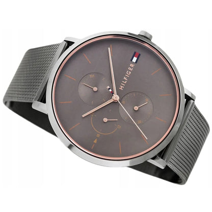 Close-up view of grey dial on Tommy Hilfiger 1781945 women’s watch with mesh strap
