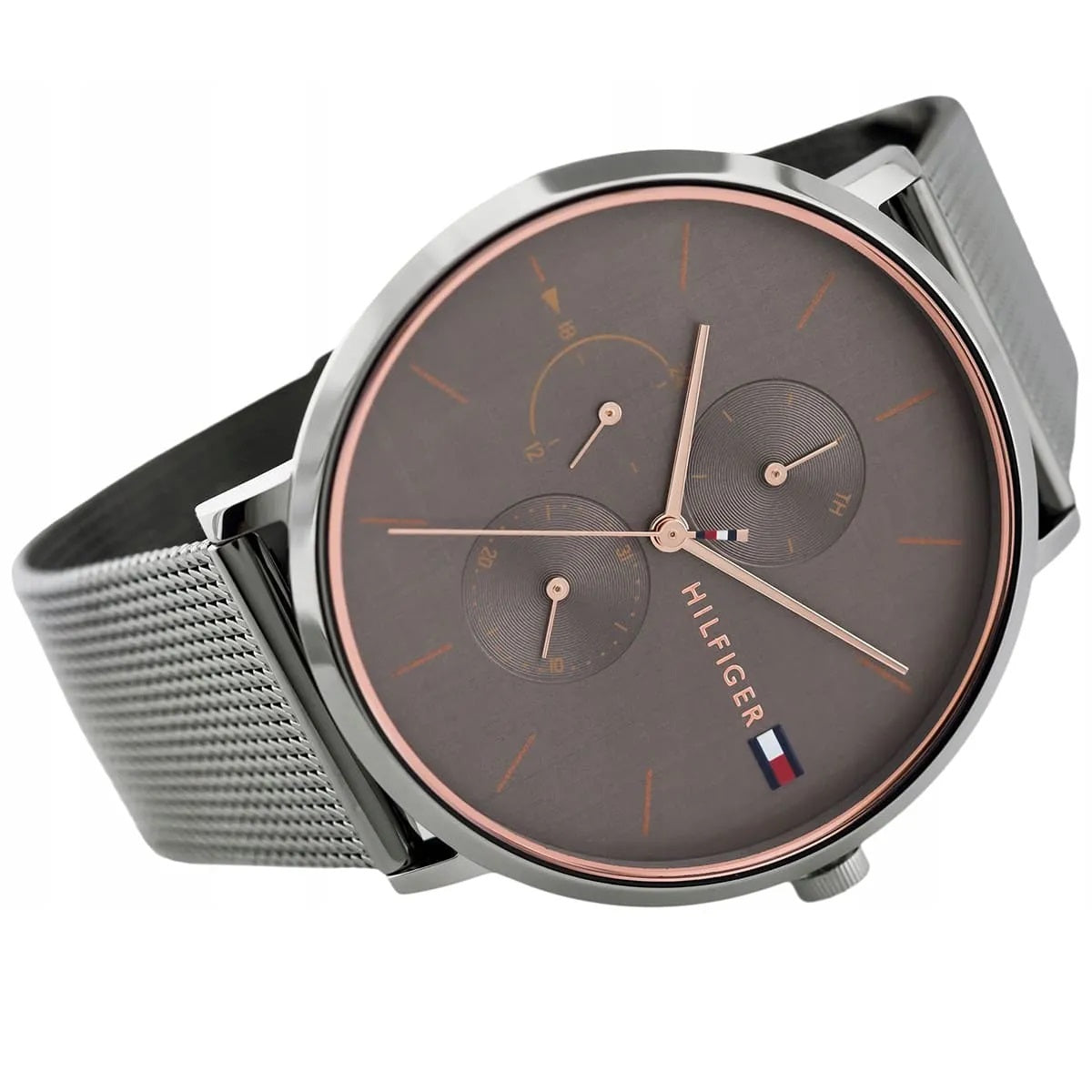 Angled view of Tommy Hilfiger 1781945 women’s grey mesh strap watch with grey dial