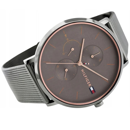 Angled view of Tommy Hilfiger 1781945 women’s grey mesh strap watch with grey dial