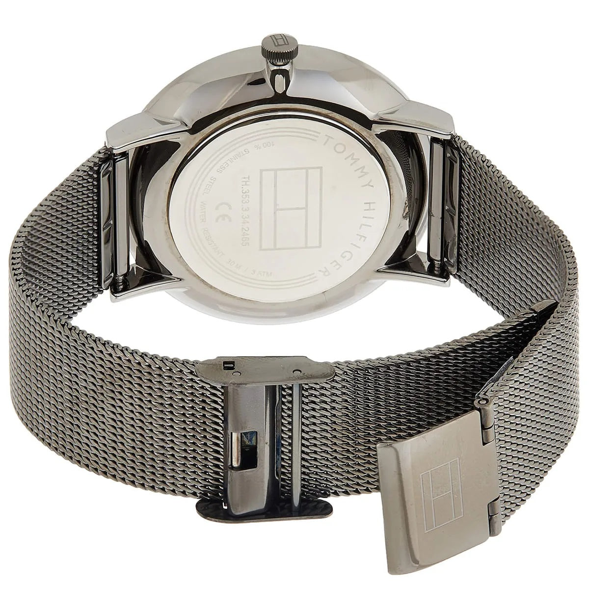 Back view of Tommy Hilfiger 1781945 women’s grey mesh strap watch showing stainless steel case