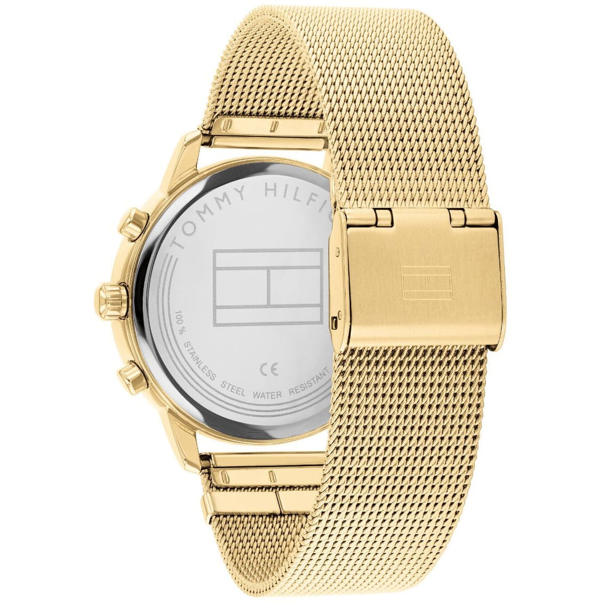 Back case view of Tommy Hilfiger 1782302 women’s gold mesh strap watch