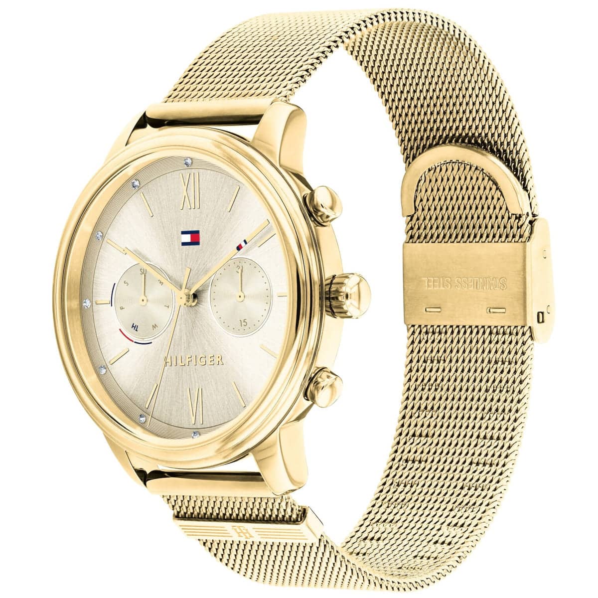 Angled shot of Tommy Hilfiger 1782302 women’s gold mesh strap watch worn on wrist, showing off the elegant design