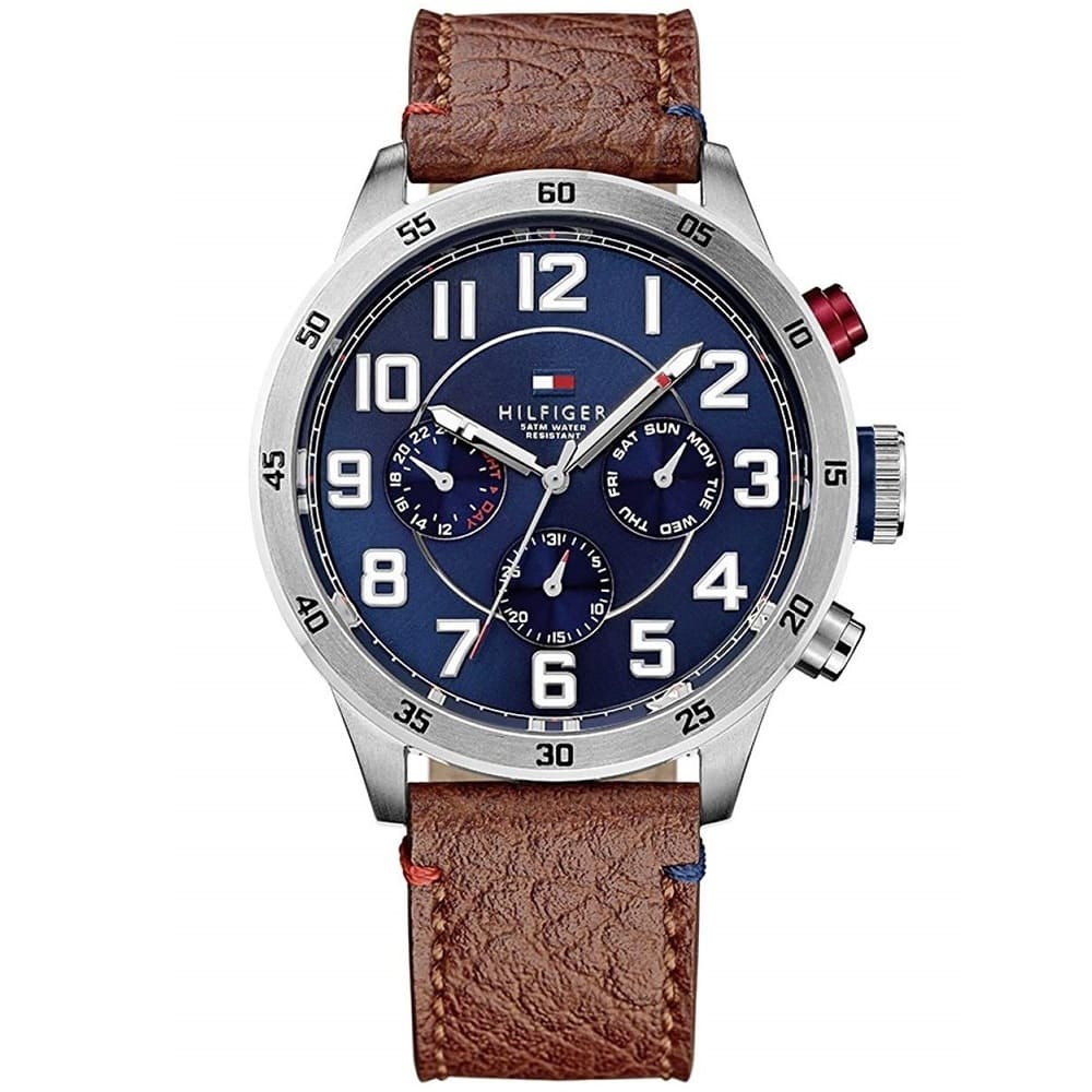 Front view of Tommy Hilfiger 1791066 men’s watch with brown leather strap and blue dial