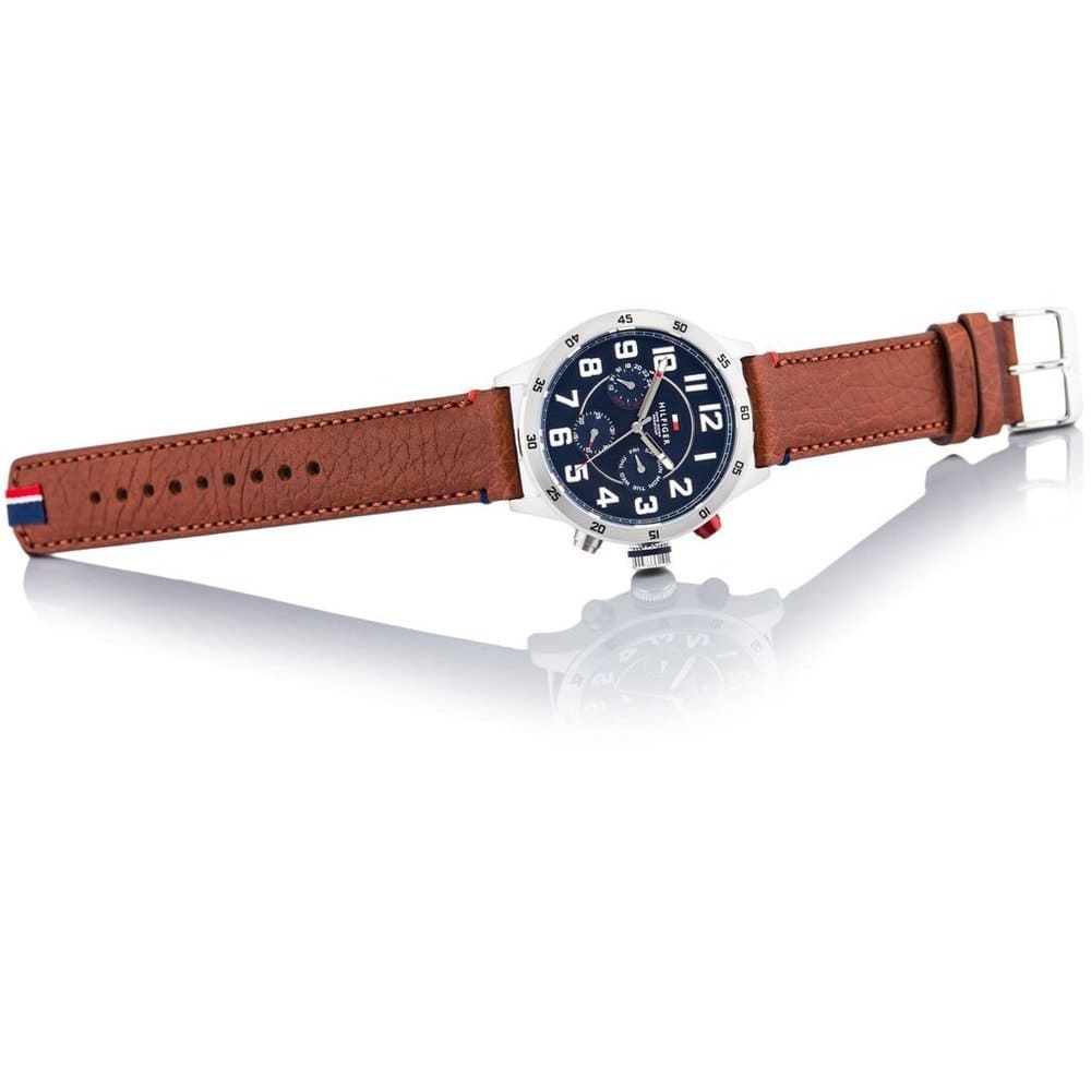 Full-length view of Tommy Hilfiger 1791066 men’s watch with brown leather strap, blue dial, and silver case.