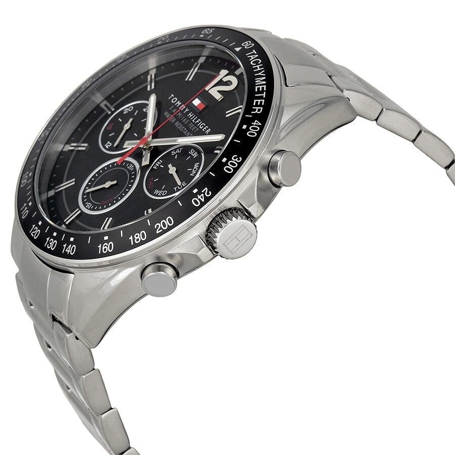 Angled view of Tommy Hilfiger 1791104 showing black dial and silver strap