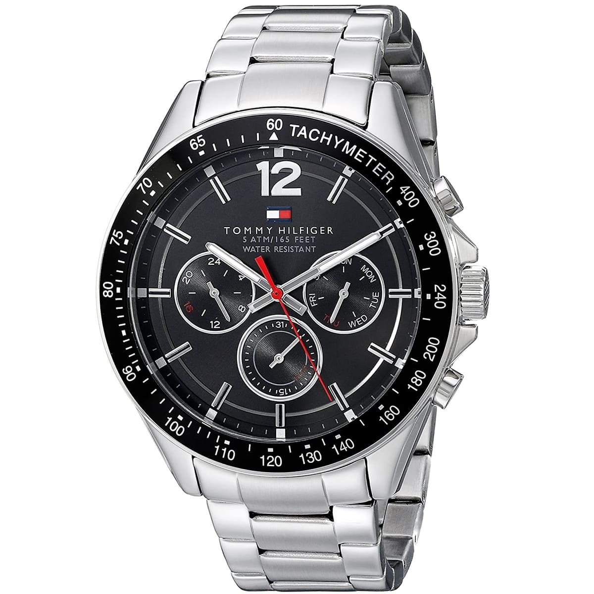 Close-up of the black dial on Tommy Hilfiger 1791104 men's stainless steel watch