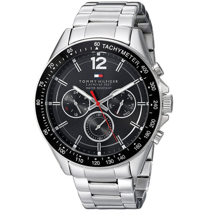 Close-up of the black dial on Tommy Hilfiger 1791104 men's stainless steel watch