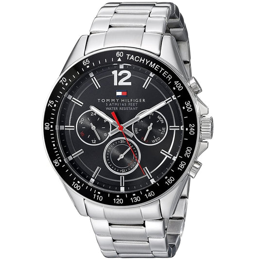 Close-up of the black dial on Tommy Hilfiger 1791104 men's stainless steel watch