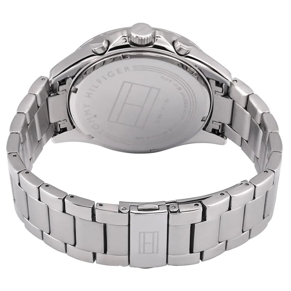 Clasp and strap view of Tommy Hilfiger 1791104 silver watch with black dial