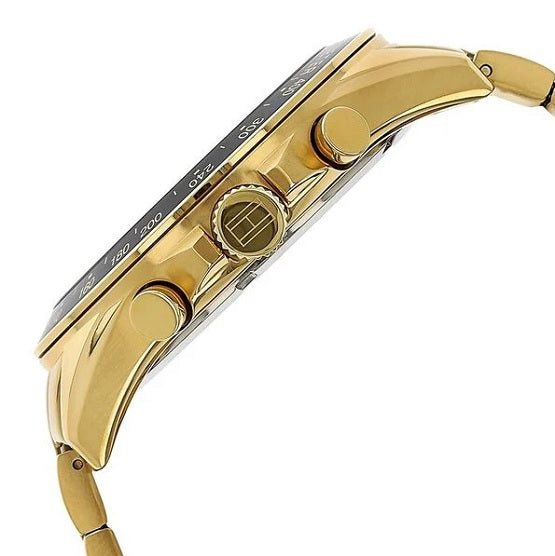 Side view of Tommy Hilfiger 1791121 showing polished gold-tone stainless steel case