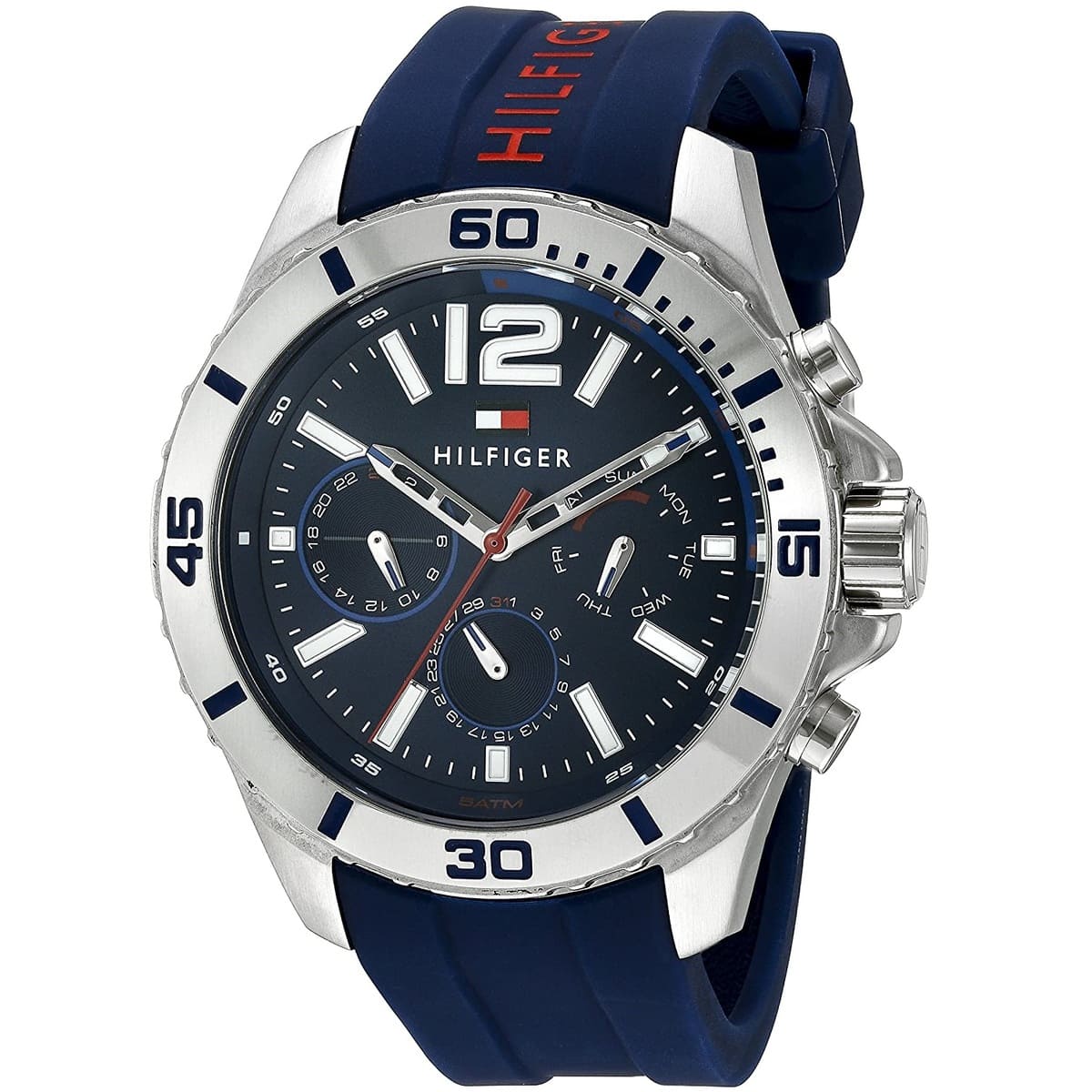 Close-up of blue dial on Tommy Hilfiger 1791142 men's sport watch