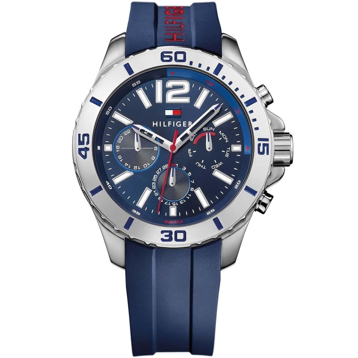 Front view of Tommy Hilfiger 1791142 men's watch with silver case and blue strap