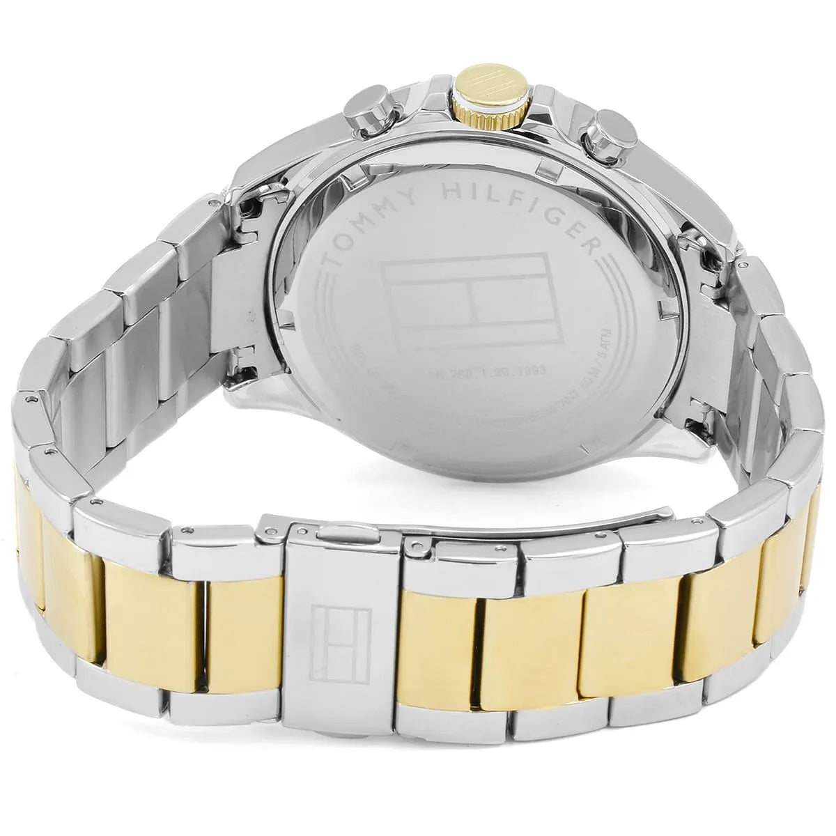 Back view of Tommy Hilfiger 1791226 men's two-tone silver and gold watch with white dial