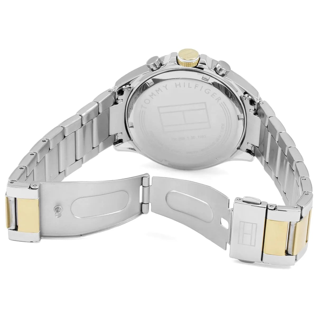 Open clasp and bracelet view of Tommy Hilfiger 1791226 with silver and gold stainless steel strap