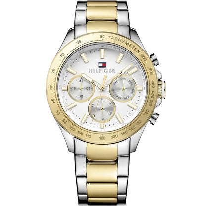 Close-up of white dial on Tommy Hilfiger 1791226 men's watch with gold-tone markers
