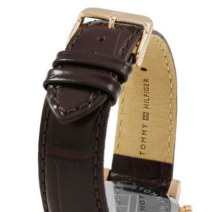 Brown leather strap detail on Tommy Hilfiger 1791399 gold case men's watch