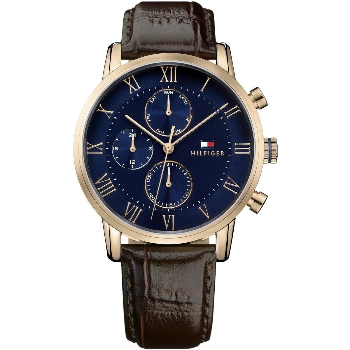 Front view of Tommy Hilfiger 1791399 men's watch with gold case and brown leather strap