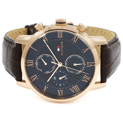 Tommy Hilfiger 1791399 men's watch with blue dial, brown leather strap and gold case