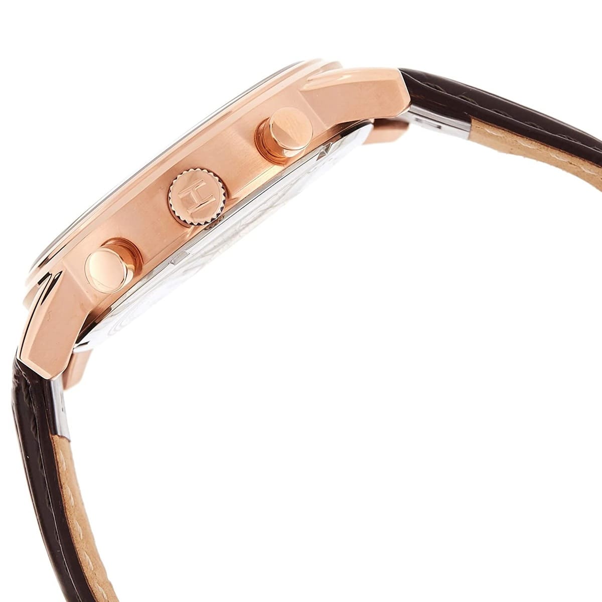 Side view of Tommy Hilfiger 1791399 watch showing gold case and crown