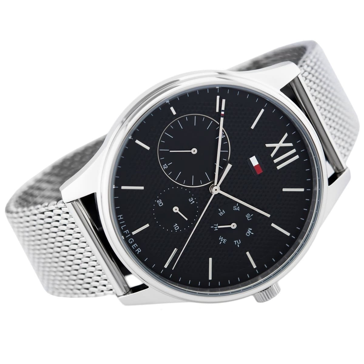 Front view of Tommy Hilfiger 1791415 men's watch with black dial and mesh strap