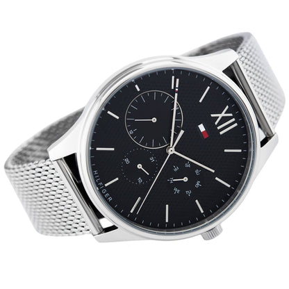 Front view of Tommy Hilfiger 1791415 men's watch with black dial and mesh strap