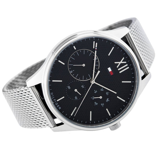 Front view of Tommy Hilfiger 1791415 men's watch with black dial and mesh strap
