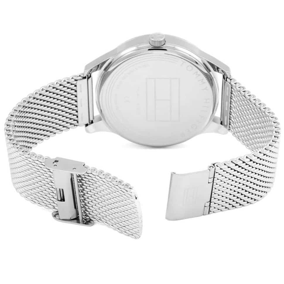 Open clasp and mesh strap view of Tommy Hilfiger 1791415 silver watch for men