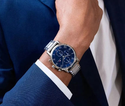 Tommy Hilfiger 1791456 grey and blue men's watch worn on wrist