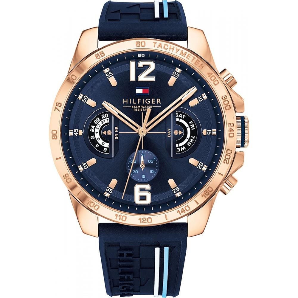 Close-up of blue dial on Tommy Hilfiger 1791474 men's watch with rose gold accents