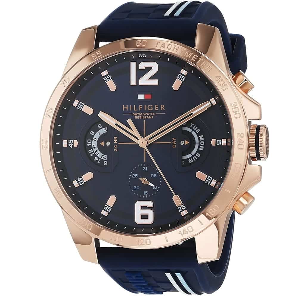 Front view of Tommy Hilfiger 1791474 men's watch with blue strap and rose gold case