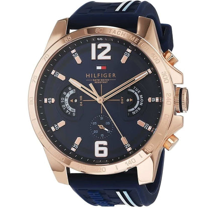 Front view of Tommy Hilfiger 1791474 men's watch with blue strap and rose gold case