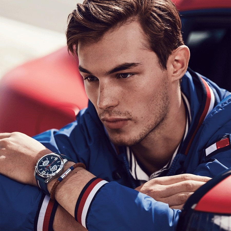 Dial and hands focus of Tommy Hilfiger 1791476 with blue dial and silver accents