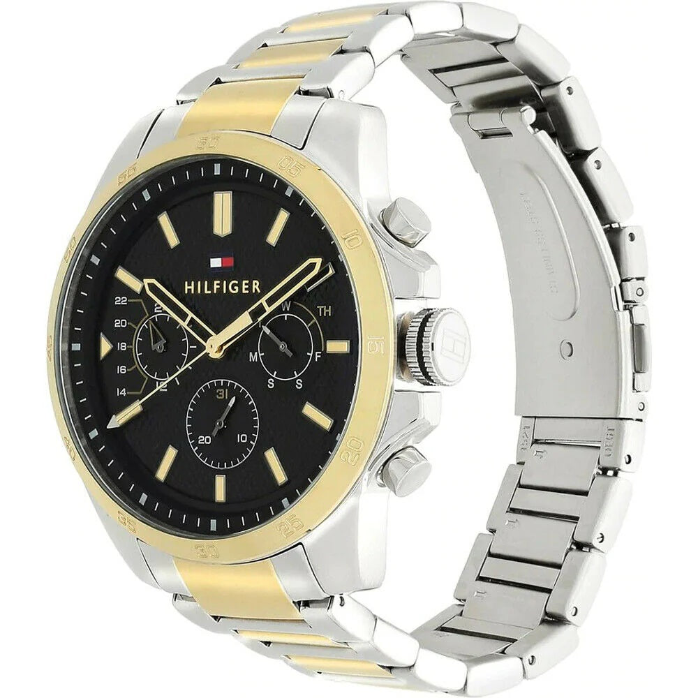 Tommy Hilfiger 1791559 men's watch with black dial and two-tone silver and gold strap