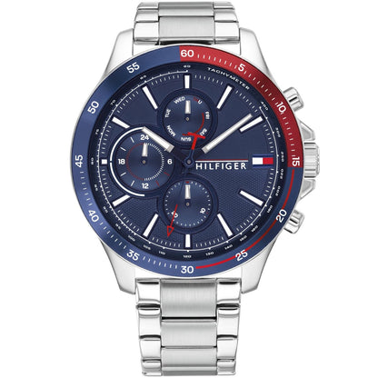 Close-up of Tommy Hilfiger men’s 1791718 watch showing blue dial and stainless steel strap
