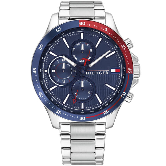 Close-up of Tommy Hilfiger men’s 1791718 watch showing blue dial and stainless steel strap