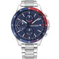 Close-up of Tommy Hilfiger men’s 1791718 watch showing blue dial and stainless steel strap