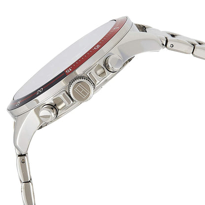Side view of Tommy Hilfiger 1791718 men’s watch with silver strap and case