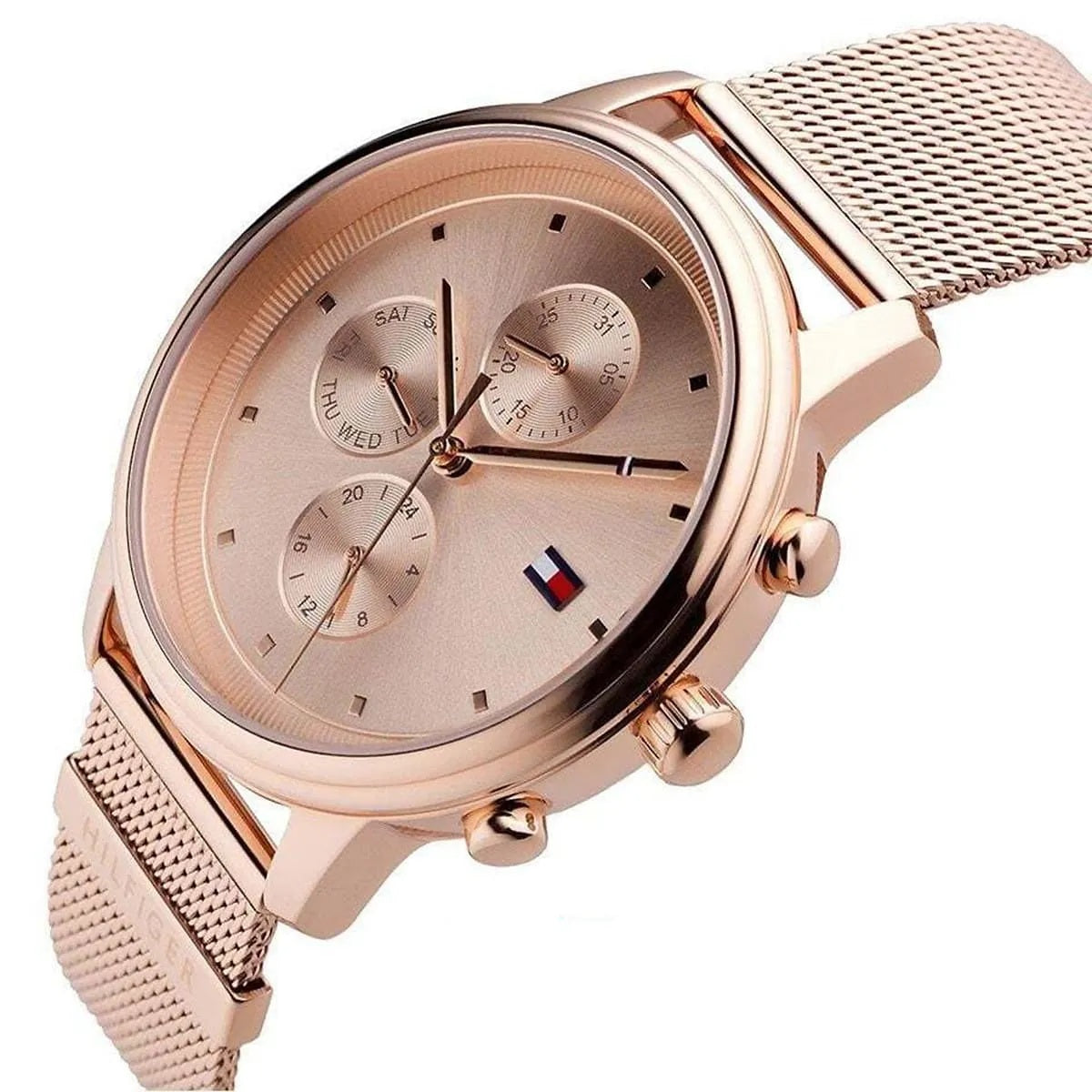 Close-up angled view of the rose gold dial on the Tommy Hilfiger 1781907 highlighting the three sub-dials and iconic flag logo.