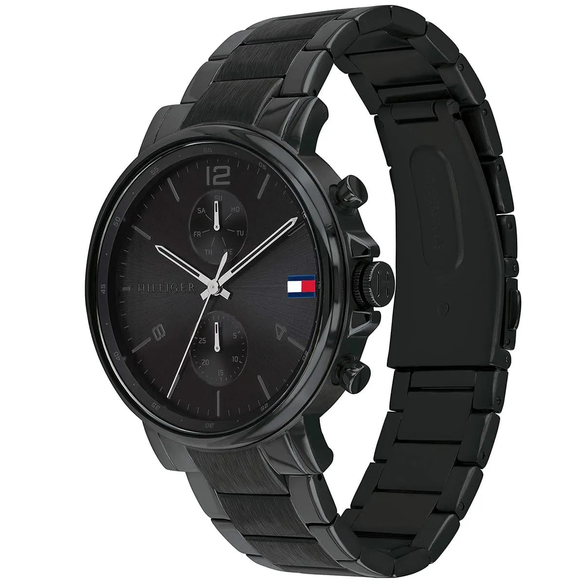 Angled view of the Tommy Hilfiger Daniel black watch showcasing the multi-layered sunray dial and polished black link bracelet.