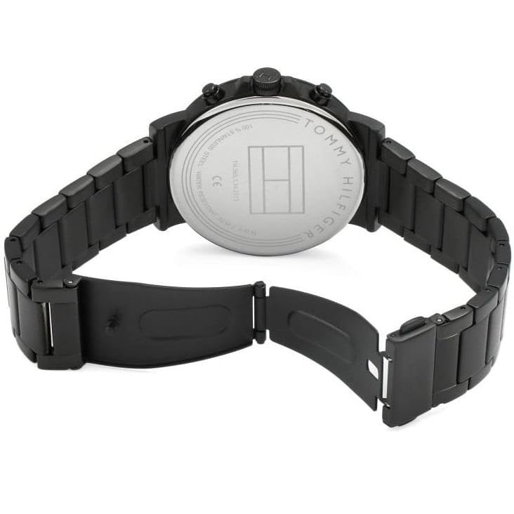 Horizontal view of the Tommy Hilfiger 1710383 watch back showcasing the black steel link bracelet and deployment clasp.
