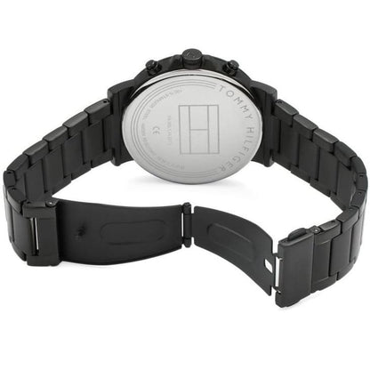 Horizontal view of the Tommy Hilfiger 1710383 watch back showcasing the black steel link bracelet and deployment clasp.